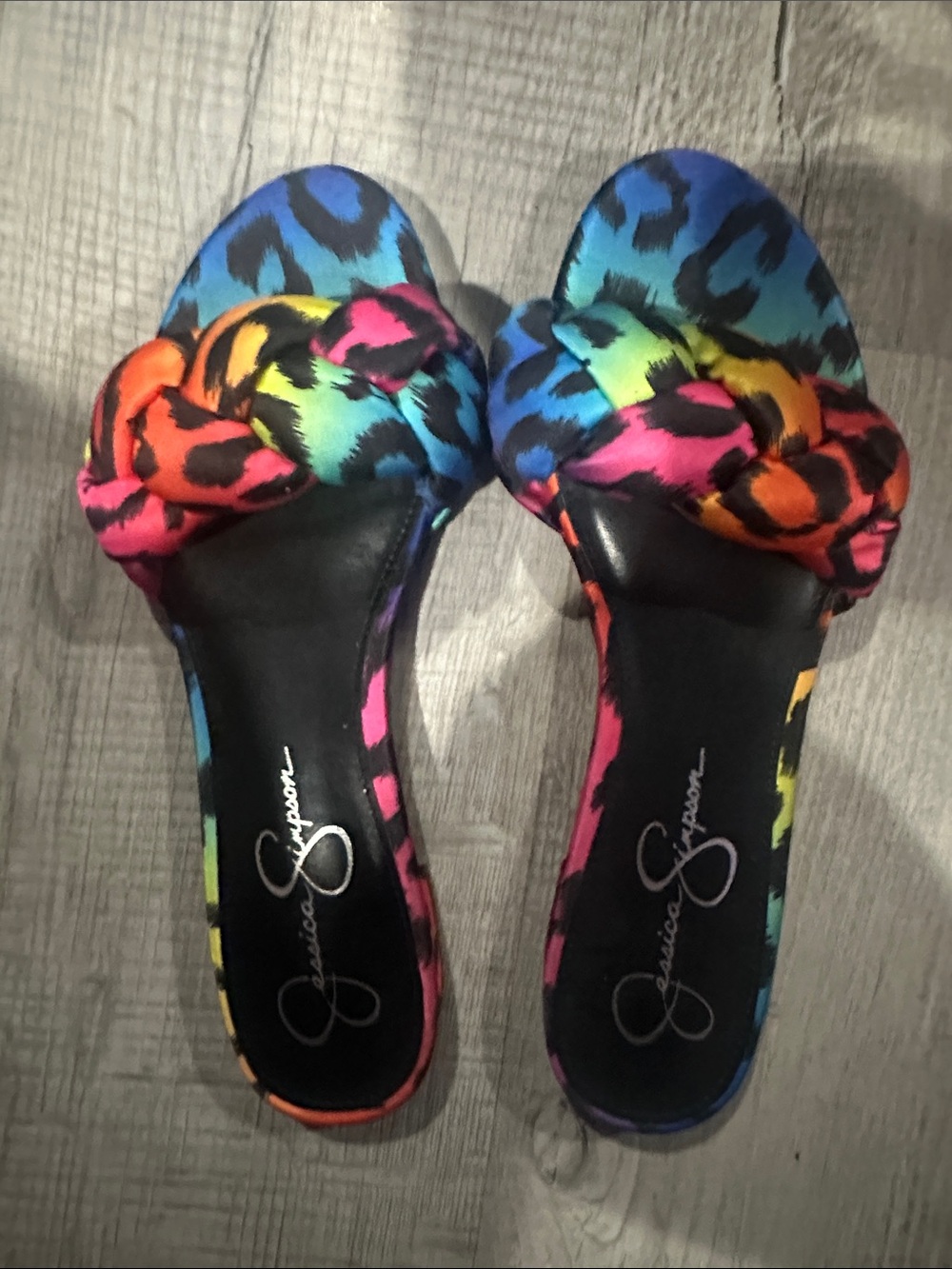 Jessica Simpson Multicolor Rainbow Leopard Knot Slide Sandals
